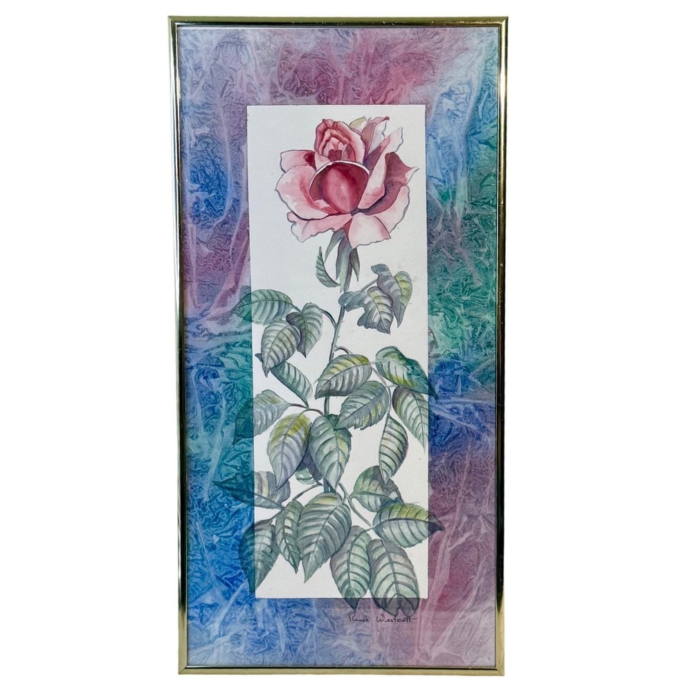 Original Watercolor Rose Painting Signed Framed Botanical Art 20 x 10 Vintage